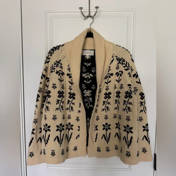 THE GREAT. The Garden Lodge Cotton Cream and Black Floral Cardigan - Picture 3 of 10